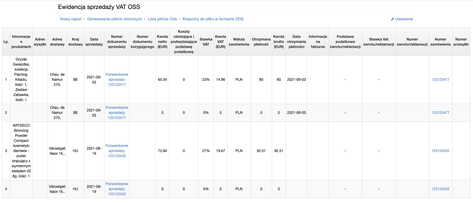 Ewidencja vat oss - tabela