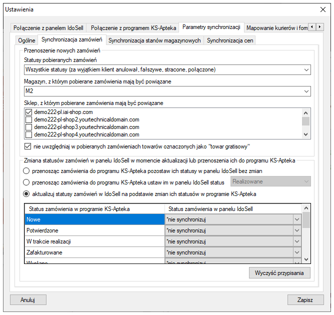 Kamsoft Bridge - Parametry synchronizacji dotyczące zamówień