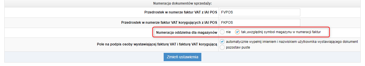 Numeracja oddzielna dla magazynów - Zrzut konfiguracji POS
